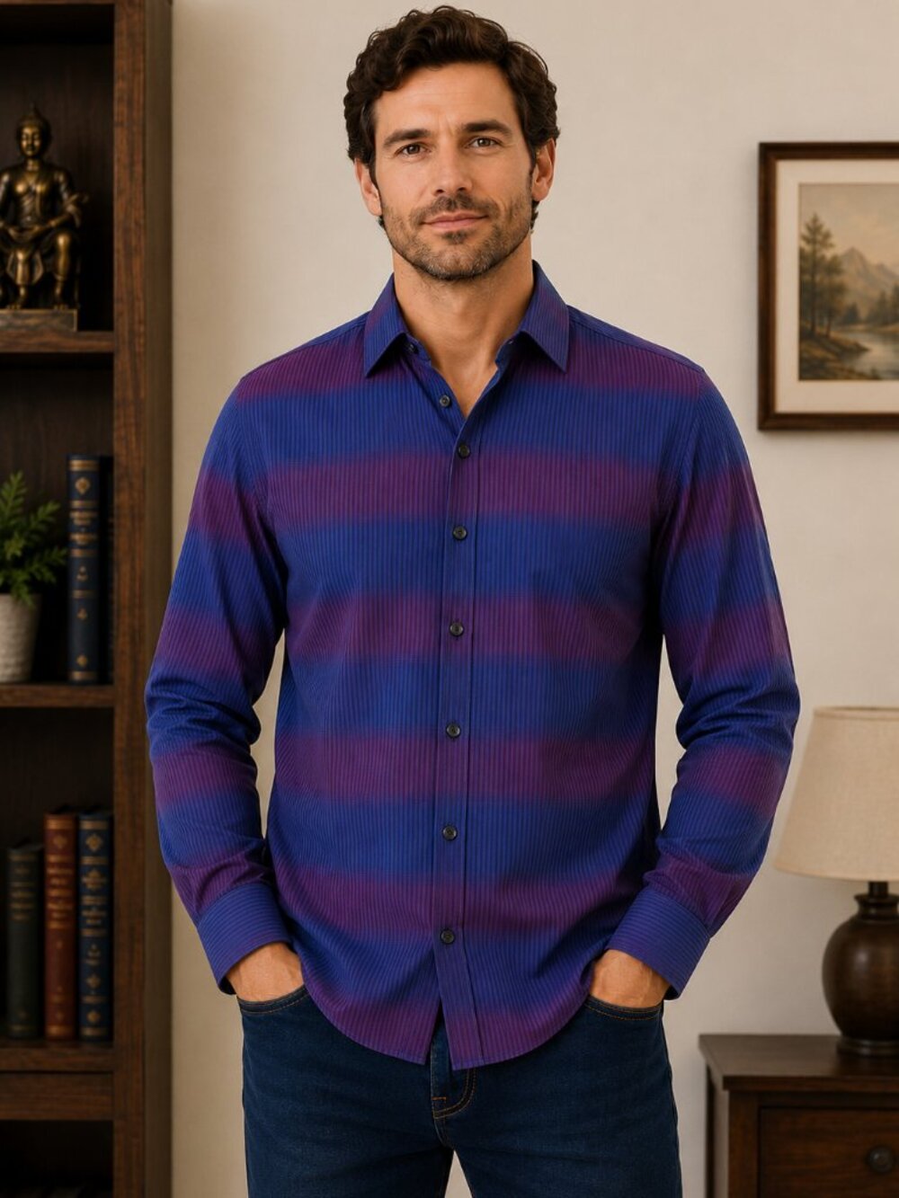 Jared Lang After Hours Slim Fit Dress Shirt XL Blue Purple Striped Button Front